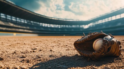 Obraz premium Cinematic wide shot of a baseball glove and ball on the ground in an empty stadium.