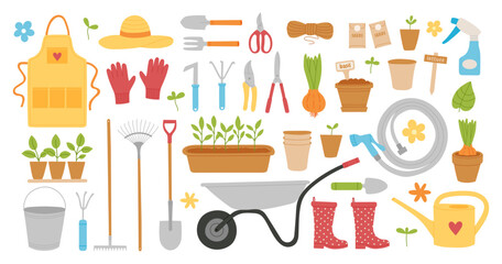 Set of gardening tools, plants and accessories in a colorful flat vector style on a white background