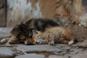 Naklejka premium Stray kitten and puppy find warmth together on a cold city street at dusk