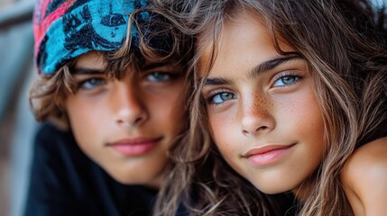 Obraz premium This charming portrait features two kids with striking blue eyes and sun-kissed skin, showcasing their lively expressions and natural beauty in a vibrant outdoor setting.