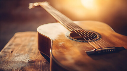 Fototapeta premium Close-up of acoustic guitar on wooden surface, warm lighting, showcasing musical instrument detail, representing music, melody, and artistry