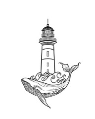 Lighthouse and whale in the ocean - detailed marine sticker on white background