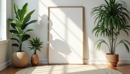 mock up poster frame in tropical interior background, modern Caribbean style