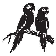 Adorable Parrots Perched on Branch Silhouette Vector Illustration Design