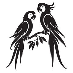 Beautiful Couple Parrots Perched on Branch Silhouette Vector Artwork