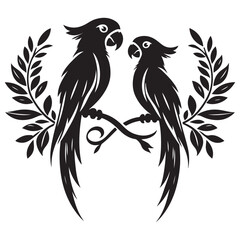 Charming Parrot Couple Silhouette Vector Illustration with Foliage Decor