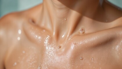 Wet collarbone and skin with water droplets in sunlight.