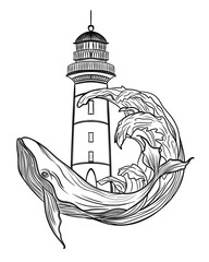 Lighthouse and whale in the ocean - detailed marine sticker on white background