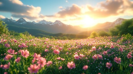 Obraz premium Beautiful spring meadow with blooming flowers and green grass in the foreground, mountain range blurred in the background