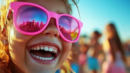 A cheerful child, wearing playful pink sunglasses, beams with a bright smile amidst a lively beach atmosphere, capturing the essence of childhood joy and carefree moments.