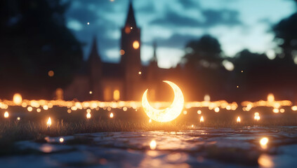 Illuminated crescent moon on cobblestones, glowing candles, church backdrop; nighttime serenity, perfect for Ramadan or religious celebration imagery