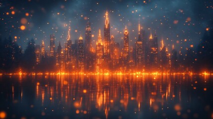 Fiery Cityscape Reflecting Warm Light on Still Water. AI Generated