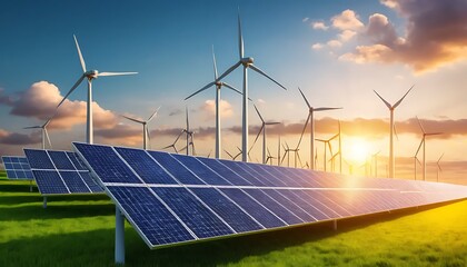 Sustainable Energy Landscape with Solar Panels and Wind Turbines at Sunset