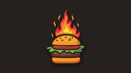Fiery Cartoon Burger with Flames on Dark Background