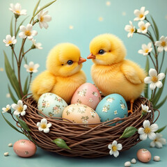 two chickens with Easter eggs in a basket. There are flowers all around