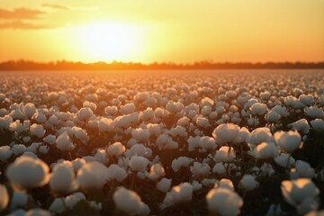 Obraz premium Beautiful Sunset Over a Field of Blooming White Flowers in Rural Landscape