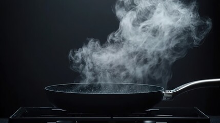 A black pan with steam rising from it on an electric stove against a dark background