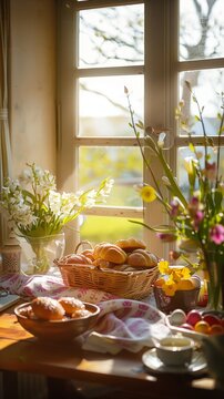 A cozy kitchen table adorned with Easter decorations-freshly baked hot cross buns, a vase of spring flowers, and a basket of colorful Easter eggs. Sunlight streams through the window