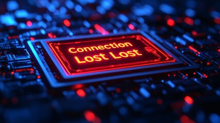 A glowing red sign reading "Connection Lost" is displayed on a dark circuit board background, symbolizing a disconnection in a digital network.