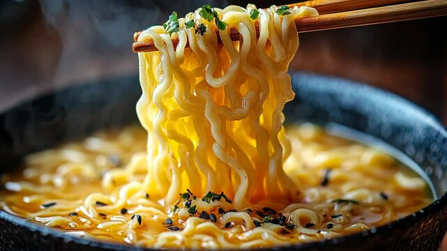Egg ramen on chopsticks noodles soup asian cuisine