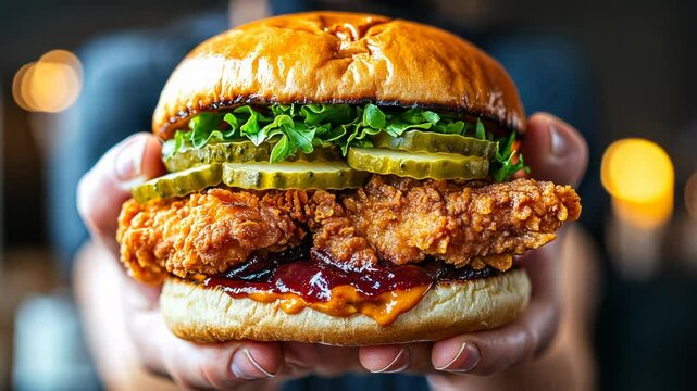 Two hands holding Chicken sandwich with pickles burger
