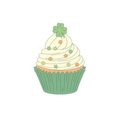 Sweet cupcake with cream and fourleaf clover. Dessert, a treat to celebrate St Patrick's Day. 