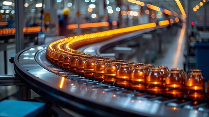 A sleek conveyor belt moves rows of glowing orange containers through a high tech factory with bright lights and workers in the background showcasing industrial efficiency