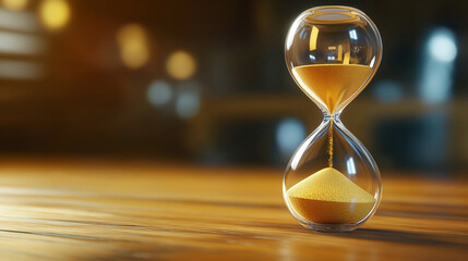 Glass Hourglass with Flowing Sand on Wooden Table  
