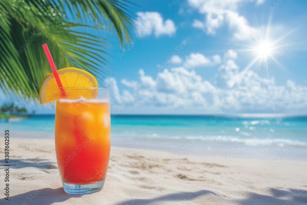 Poster refreshing tropical drink on a beach with clear skies and gentle waves during midday generative ai
