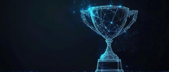 Low-poly trophy cup with blue glowing lines connecting the dots on a dark background.