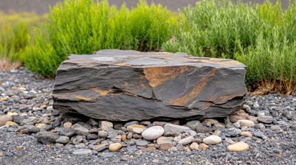 Obraz premium Rough, weathered stone outcrop sitting on a rocky ground with small pebbles and sparse vegetation surrounding it.