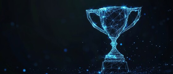 Low-poly trophy cup with blue glowing lines connecting the dots on a dark background.