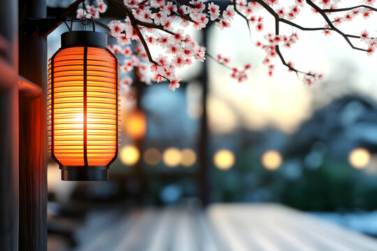Illuminated Japanese lantern hanging under blooming cherry blossom tree at dusk, serene garden setting; ideal for tranquility, peace, or Asian culture themed designs