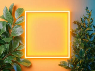 Fototapeta premium Eco-Luxe Neon Square in Lush Greenery Dynamic LED Installations for Modern Interiors and Sustainable Design in Contemporary Corporate Spaces