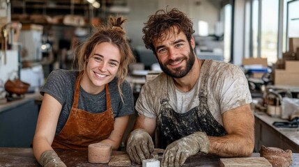 Covered in clay, two enthusiastic artisans pose cheerfully while shaping pottery, illustrating the joy of creativity and collaboration in artistic craftsmanship and community spirit.