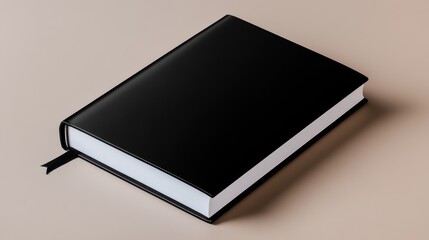 A black book with a white spine sits on a table. The book is open to a page with a black and white photo