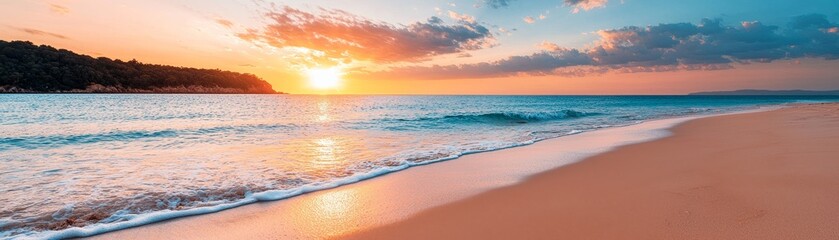 Fototapeta premium A serene beach at sunset, with gentle waves lapping against the shore and colorful clouds reflecting the fading light.