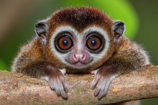 A slow loris hanging from a tree branch with its big, round eyes glowing in the dark