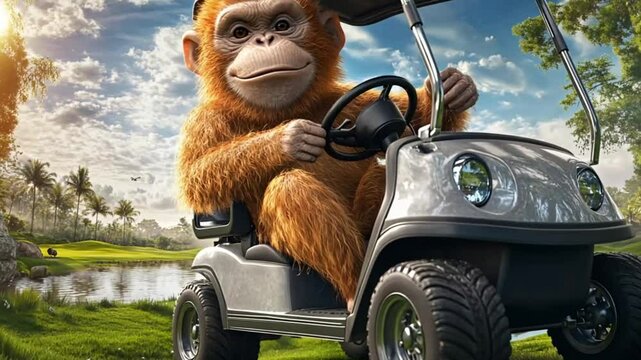 Monkey Driving Golf Cart in Tropical Setting