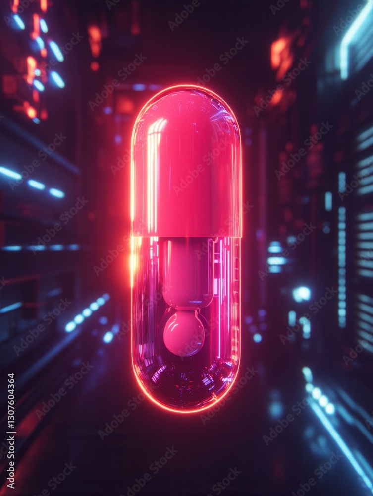Fototapete Floating neon cyberpunk pill in a dark high tech void with futuristic lighting Generative AI