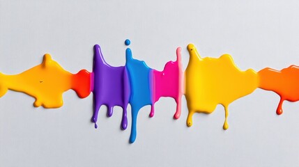 Vibrant and whimsical paint splashes in rainbow hues with a glossy finish, captured on a textured white canvas for a playful, artistic atmosphere.