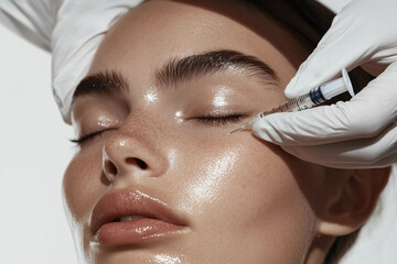 Young woman at cosmetologist doing cheekbone injections, beauty procedure