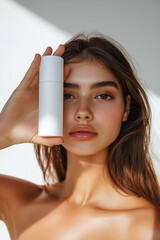 Skincare cosmetic beauty mock up, beautiful woman with hydrated skin face holding sun screen product