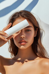 Skincare cosmetic beauty mock up, beautiful woman with hydrated skin face holding sun screen product
