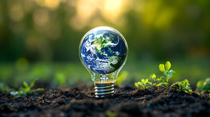 Light Bulb with Globe in Soil Symbolizing Sustainable Energy, A light bulb with a globe inside is planted in soil