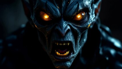 Close-up of a fantasy creature with glowing eyes. Inner demons, facing fears concept. Could be used for game advertising, concept art showcases, or psychological thrillers. Close-up shot, 4k 60 fps.