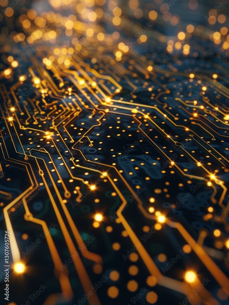 Fototapete A modern circuit-inspired design showcases metallic reflections and microchip pathways illuminated by soft lighting
