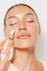 Cleansing skincare cosmetic beauty product, beautiful woman with hydrated skin face holding serum