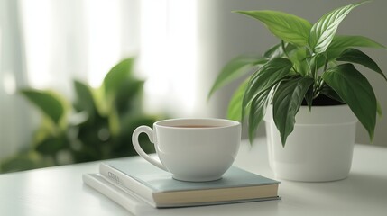 Coffee cup on a book near lush green indoor plants in a bright, sunlit room