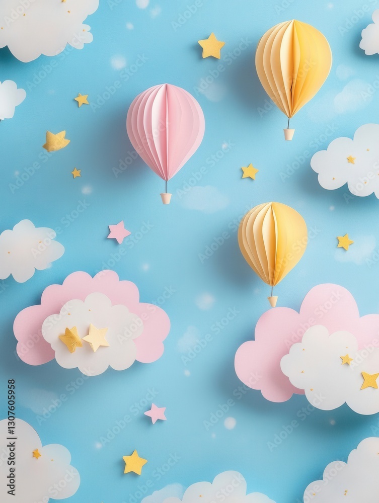 Poster Charming whimsical paper art background with soft pastel clouds and floating balloons in a dreamy atmosphere Generative AI